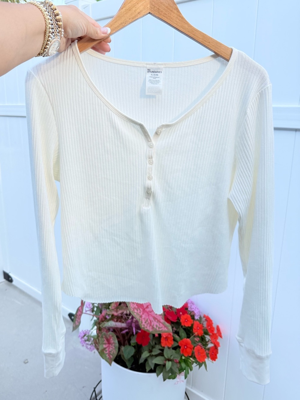 No Boundaries Cream Ribbed Henley Long Sleeve Tee
